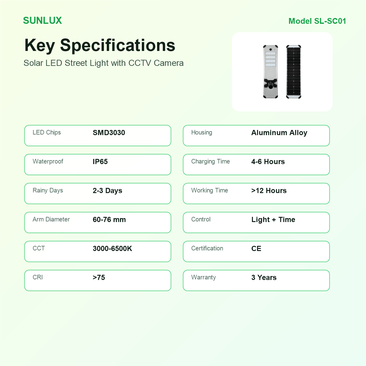 SUNLUX SL-SC01 solar LED street light specifications
