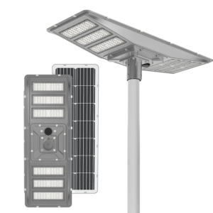 Integrated die-cast aluminum solar LED street light with IP65 waterproof design and SMD LED modules.