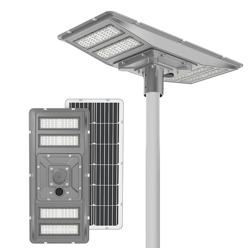 Integrated die-cast aluminum solar LED street light with IP65 waterproof design, 100W-150W outdoor lighting fixture.