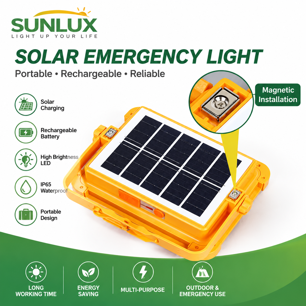SUNLUX solar emergency light with solar panel rechargeable outdoor lighting