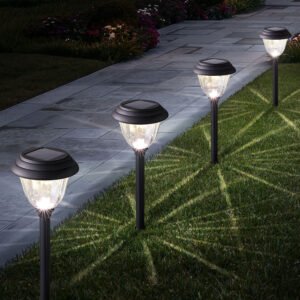 SUNLUX SLGT02 solar garden pathway light illuminated at night