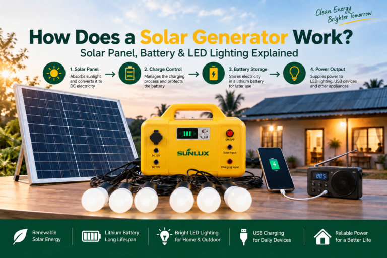 How does a solar generator work with solar panel, lithium battery, LED lighting and USB charging