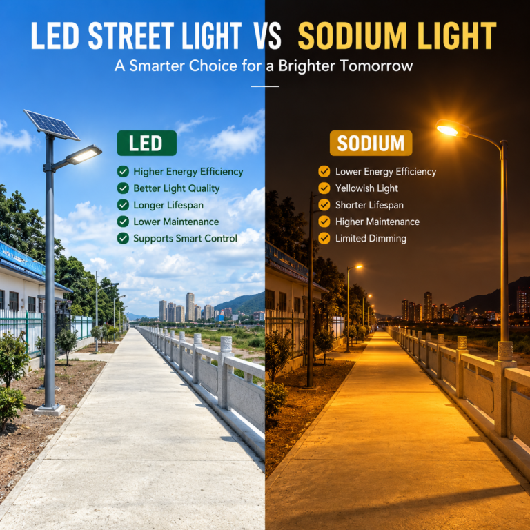 LED street light vs sodium light comparison for road lighting