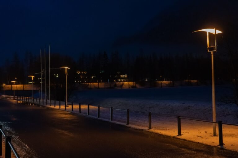 Street lamp illuminating a road at night with light output comparison