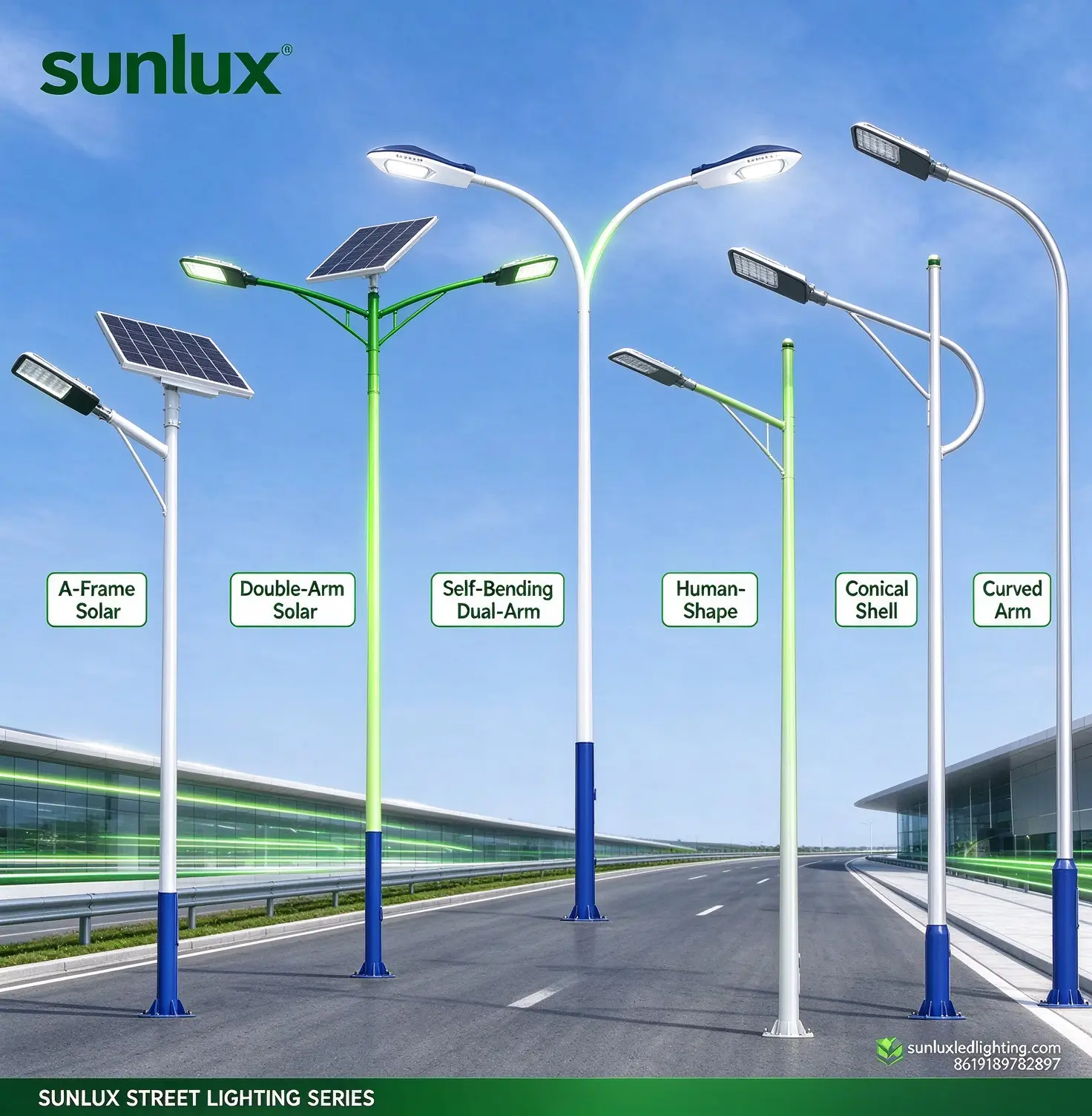 Six SUNLUX street lighting pole designs, including solar, double-arm and curved-arm configurations