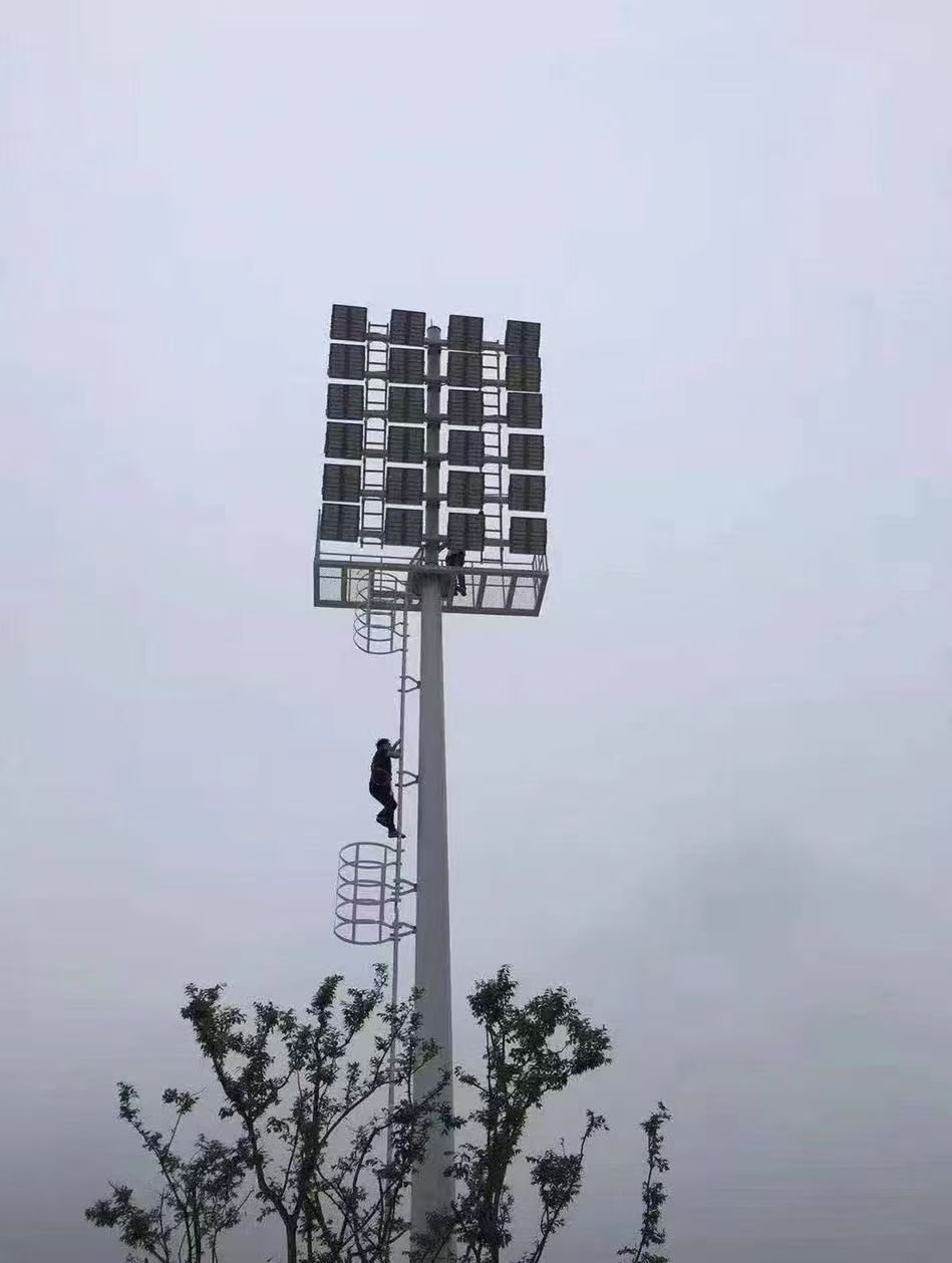 High mast lighting pole with ladder platform and floodlight array