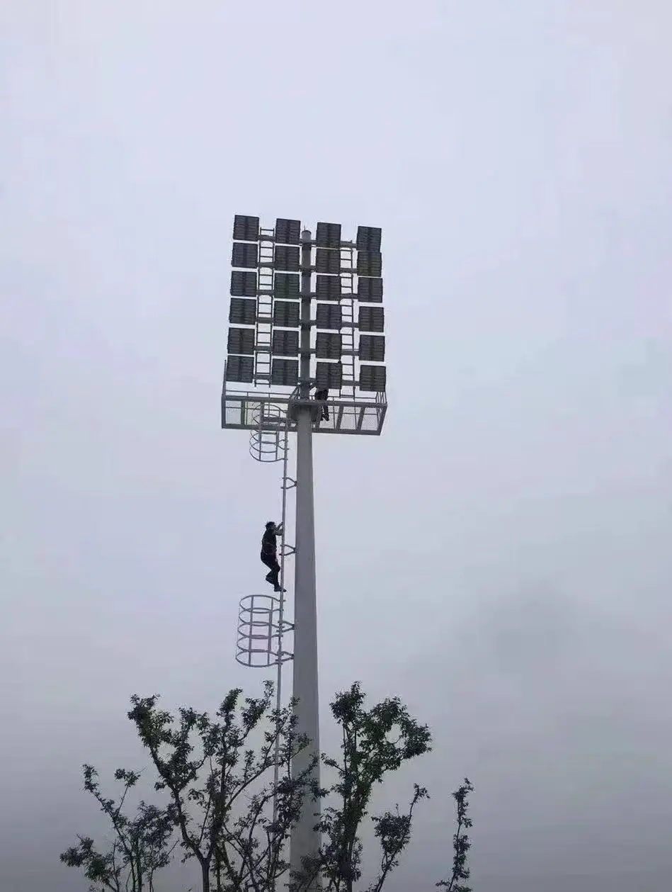 High mast lighting pole with maintenance ladder platform and floodlight array
