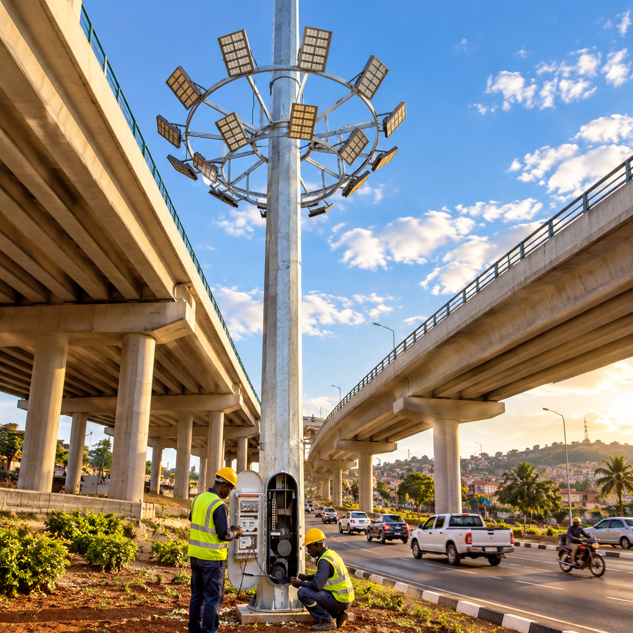 SUNLUX high mast lighting pole installed in an outdoor public space