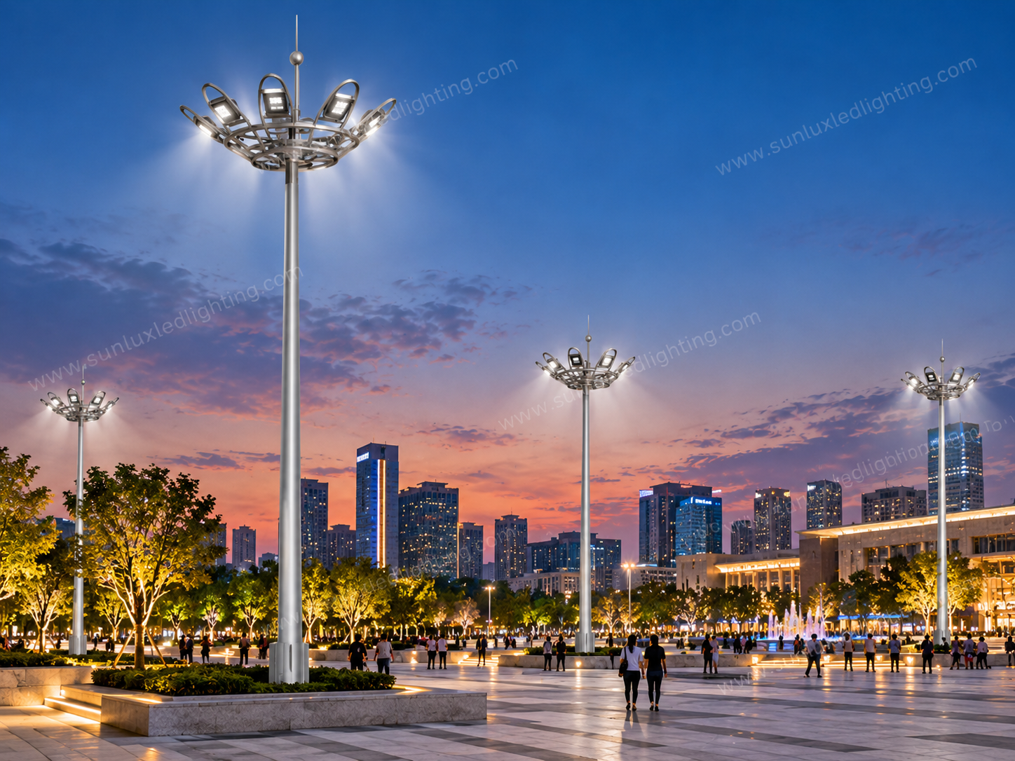 Concept visualization of decorative high mast lighting poles in a public city square