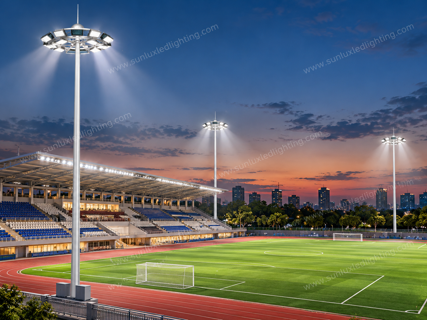 Concept visualization of SL-GGD high mast LED lighting poles illuminating a football stadium